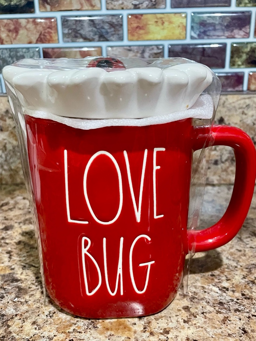 Rae Dunn Red LOVE BUG Ceramic Mug with White Decorative Lid NEW